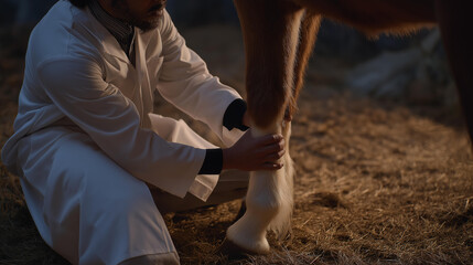 A veterinarian using a thermal imaging pad to diagnose inflammation in a horse’s leg, subtle temperature differences guiding early treatment. cinematic color correction, natural uneven lighting yet