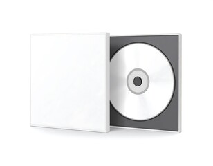 Isolated white CD case, partially open with disc inside, against white backdrop. Shadow present underneath