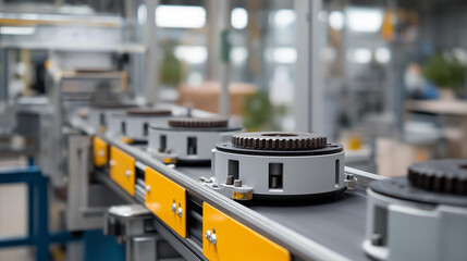 An industrial conveyor system using synchronized gearboxes to keep production lines running smoothly, gear housings marked with safety indicators — factory automation, process optimization, and