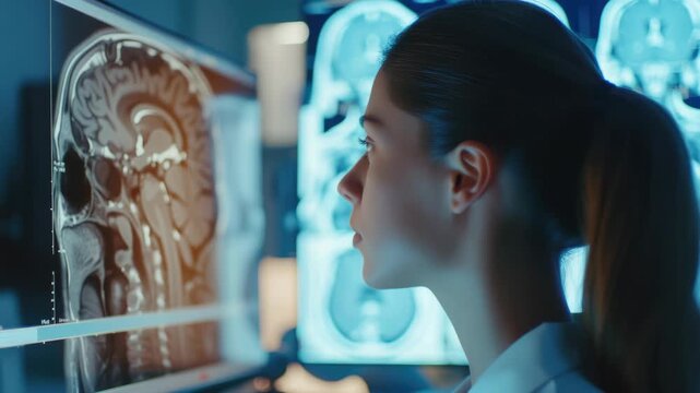 A scientist studying human brain scans in a laboratory setting.