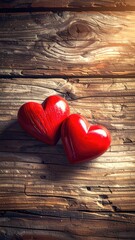 Two red wooden hearts sit on a textured, weathered, wooden surface, top-down view