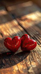 Two glossy red hearts sit on a weathered wooden surface, lit by warm sunlight