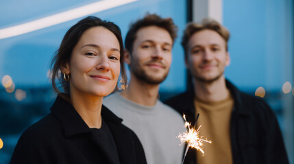 Three people are smiling and holding sparklers in their hands outside at night time with a blue sky behind them