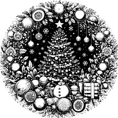 Minimalist black-white Christmas icon with clean lines, no shading, isolated on white. Simple, modern, scalable, perfect for stickers or digital use.