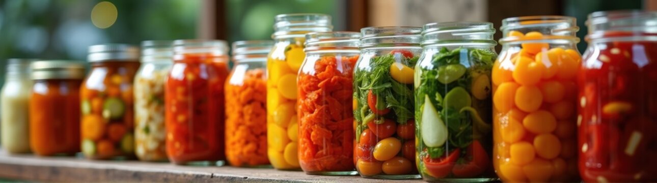 Many jars of vegetables and fruit in them on a shelf
