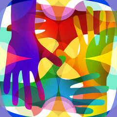 Colorful overlapping hand collage with grainy abstract forms and elements.
