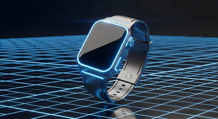 Futuristic glowing smart fitness tracker with a sleek digital display glowing with blue neon light on a grid background representing technology and innovation