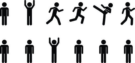 Human activity stick figure icon set showing walking running jumping karate poses simple black silhouette vector illustration isolated