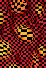 Distorted checkered pattern composition with twisted spherical elements and forms. Irregular psychedelic gradient with geometrical black pattern on top.