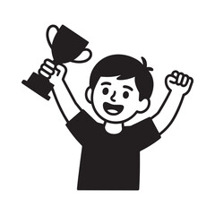 A joyful boy celebrates victory by raising a golden trophy high