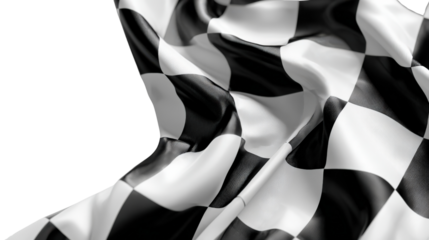 3D racing flag caught in wind, bright black and white squares, isolated on a Transparent background, PNG file.