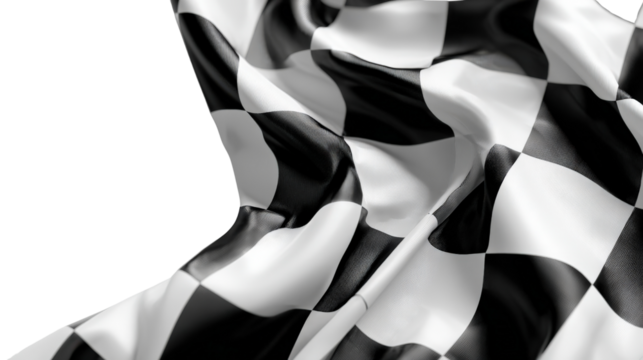 3D racing flag caught in wind, bright black and white squares, isolated on a Transparent background, PNG file. - Powered by Adobe