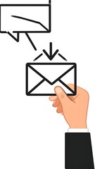 Graphic of a hand holding an envelope, with a speech bubble pointing toward it