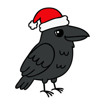 Dibujo sencillo con l&iacute;neas de cuervo simp&aacute;tico con sombrero de Santa Claus para tarjetas y felicitaciones de Navidad