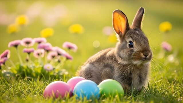 A charming bunny amidst spring blooms and colorful easter eggs - Powered by Adobe