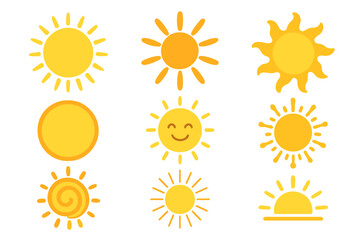 Diverse collection of bright yellow sun symbols and weather icons representing summer heat and sunny days