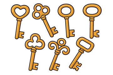 Set of antique golden skeleton keys with ornate decorative bows and bits