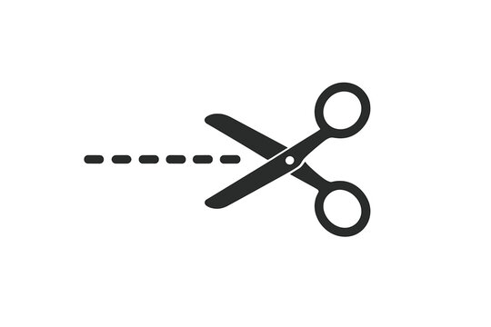 Black scissors cutting along a dotted line symbol for coupon or removal action