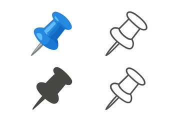 Collection of blue pushpin icons in various styles including 3D, solid silhouette, and outline graphics