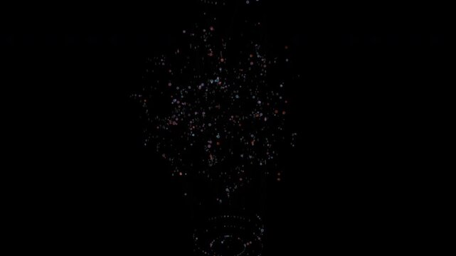 Digital lightbulb shape made of tiny glowing particles on black background
