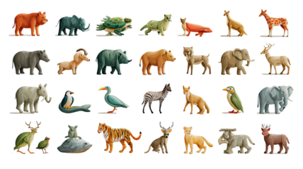 A wild animals collection set of black silhouette vector illustrations including horse, elephant, deer, giraffe, bear, lion, cat, tiger, fox, and cow icons