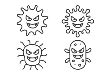 Set of four angry cartoon germs and bacteria icons showing evil faces and sharp teeth