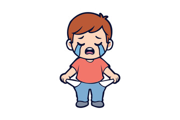 Crying Child Cartoon Illustration Showing Empty Pockets – Poverty, Financial Trouble and Hardship Concept. Resizable and Editable, EPS 10.