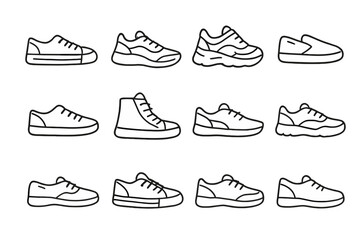 Collection of twelve outline designs showing various casual and athletic footwear styles