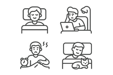Different sleep conditions including peaceful rest, insomnia, and sleeping with a pet cat