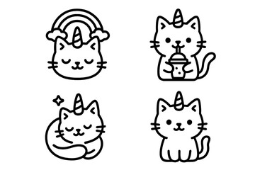 Kawaii caticorn character icons collection including sleeping and drinking poses