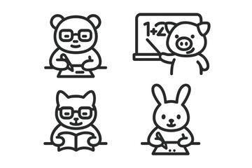 Adorable animal characters studying reading writing and teaching mathematics