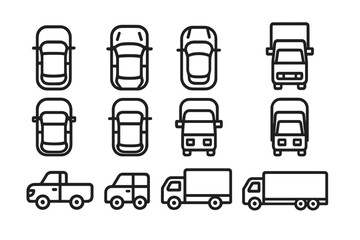 Minimalist line icons of passenger cars, pickup trucks, and delivery vehicles