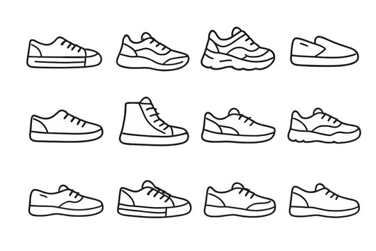 Collection of twelve outline designs showing various casual and athletic footwear styles