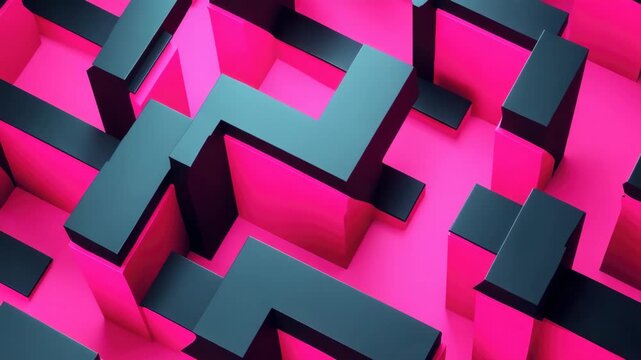 Modern geometric art with pink blocks on a black background. Contemporary design for wall decor or digital s.