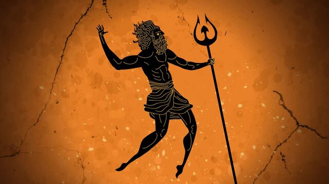 poseidon swimming underwater with his trident in ancient greek vase art style