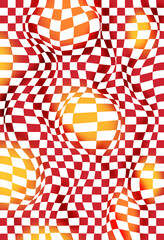 Psychedelic checkered background with red and orange colored elements.