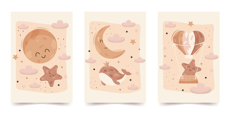 A collection of cute children's designs for decorating children's rooms, postcards, banners, covers, and more. Vector design in pastel colors.