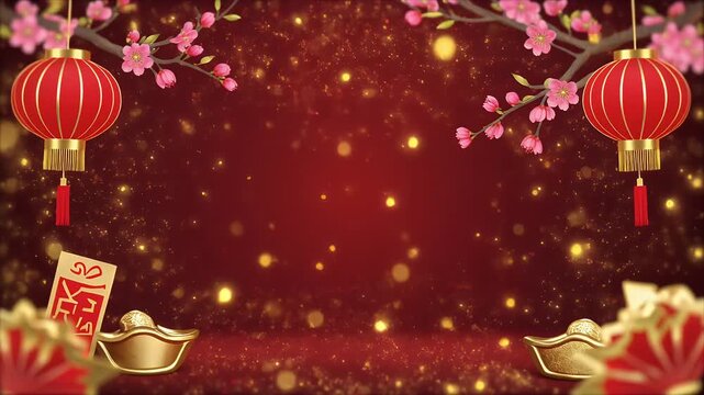 Festive Chinese New Year atmosphere with cherry blossom branches hanging red lanterns and golden sycee for good fortune and prosperity