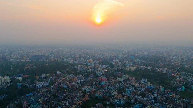 Top down Buildings and Apartment with Multiple Building aerial. Urban Buildings and Apartment at bridge road at Delhi. Cinematic cityscape drone shot. Noida Buildings.