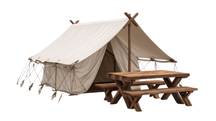 3d foldable display tent with wooden table background isolated on a Transparent background, PNG file.