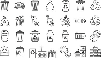 Recycling line icons set, waste management vector illustrations including trash cans, garbage truck, plastic bottles, eco symbols, battery, and factory for ecology projects.