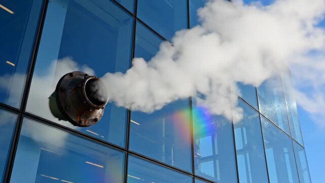 Modern Glass Building with Retro Steam Vent and Rainbow Prism Effect in Blue Sky
