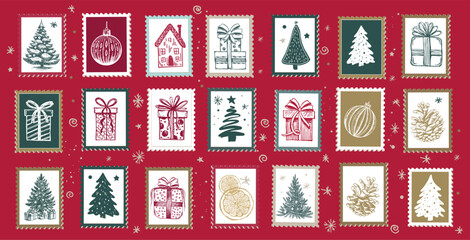 Hand-Drawn Festive Winter Stamps Collection, New Year on red	

