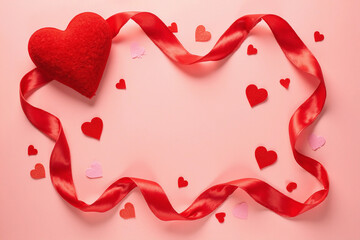 Beautiful red silk ribbon with red hearts on color background. Top view. Flat lay. 3d rendering.