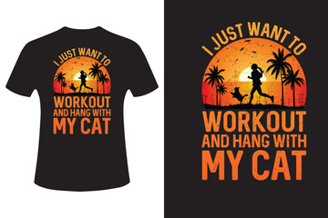 Funny cat lover gym t shirt design with silhouette and sunset