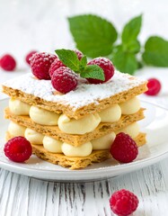 Layered pastry with custard, raspberries, mint, and powdered sugar on a white plate and background