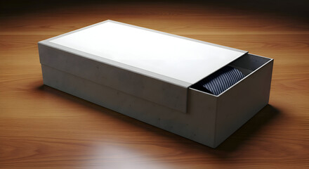A simple modern light gray sliding lid box with dark blue items inside resting on a warm textured wooden surface with soft lighting and shadows