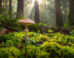 A sunlit scene features a mushroom on a mossy forest floor. Rays of light filter through trees creating an ethereal ambiance