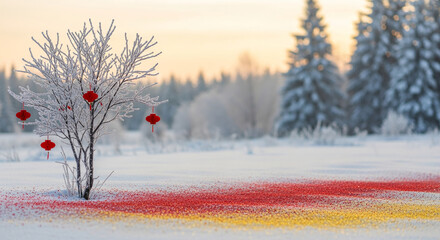 Icy tree with red lantern ornament on snowy ground. Winter landscape. Symbolizing Chinese New Year celebration and festive decoration outdoor