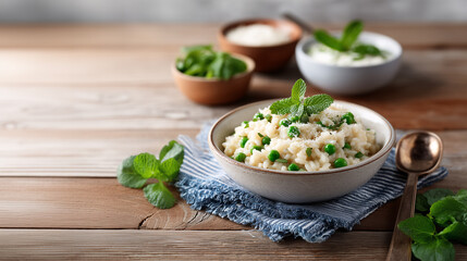 Culinary Canvas: A beautifully arranged bowl of creamy risotto, adorned with fresh peas and mint leaves, resting gracefully on a textured blue napkin. Set on a rustic wooden table.